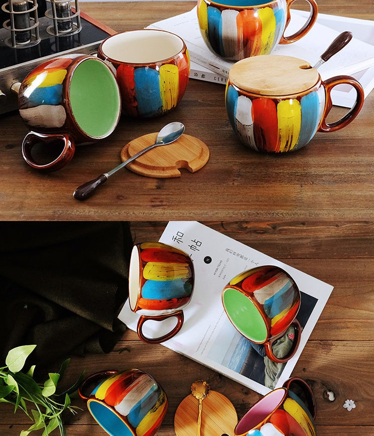Taza de Cerámica Creativa – Diseño Elegante con Tapa y Cuchara
